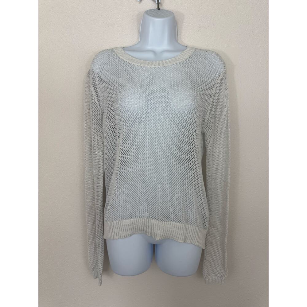 Moon & Meadow Metallic Open Knit Sheer Sweater Silver Small